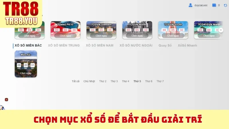 Chọn mục Xổ Số để bắt đầu giải trí