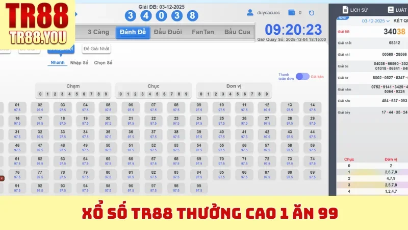 Xổ Số TR88 thưởng cao 1 ăn 99